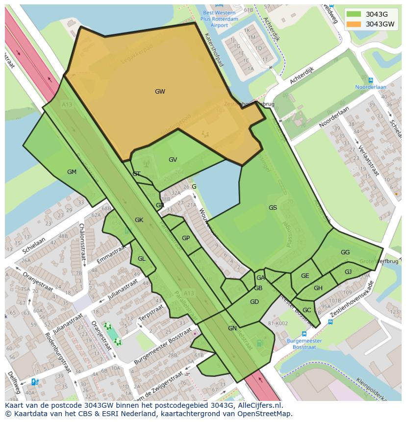 Afbeelding van het postcodegebied 3043 GW op de kaart.