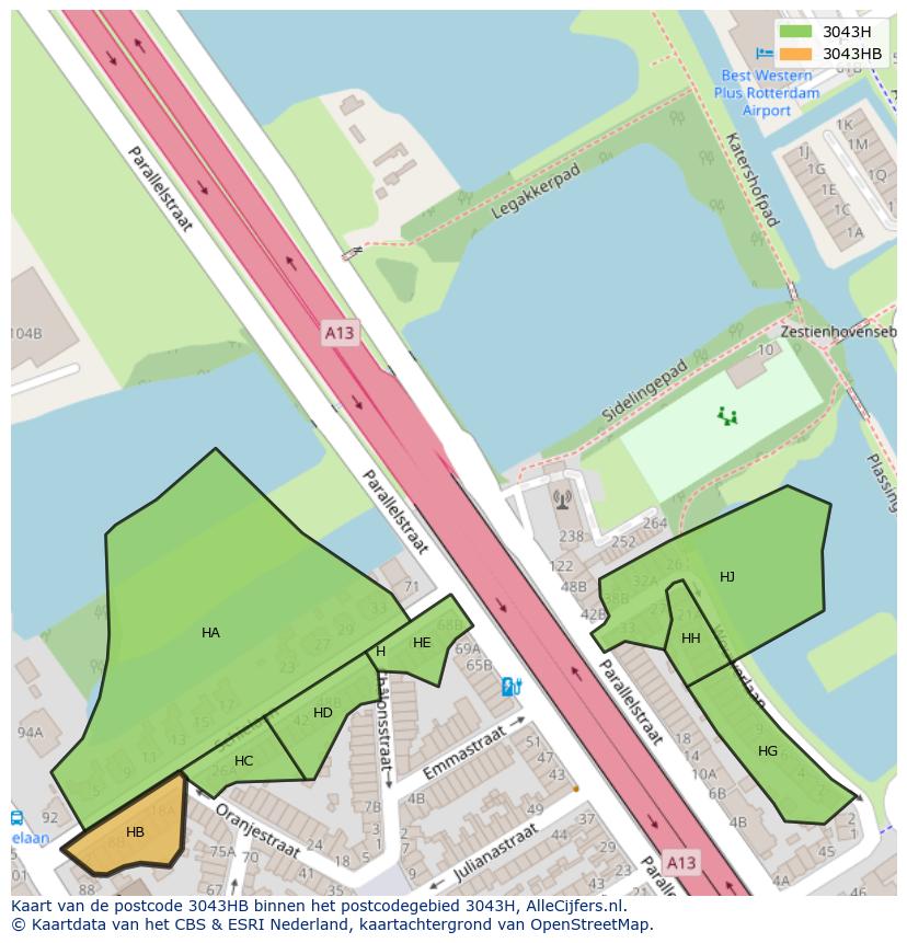 Afbeelding van het postcodegebied 3043 HB op de kaart.