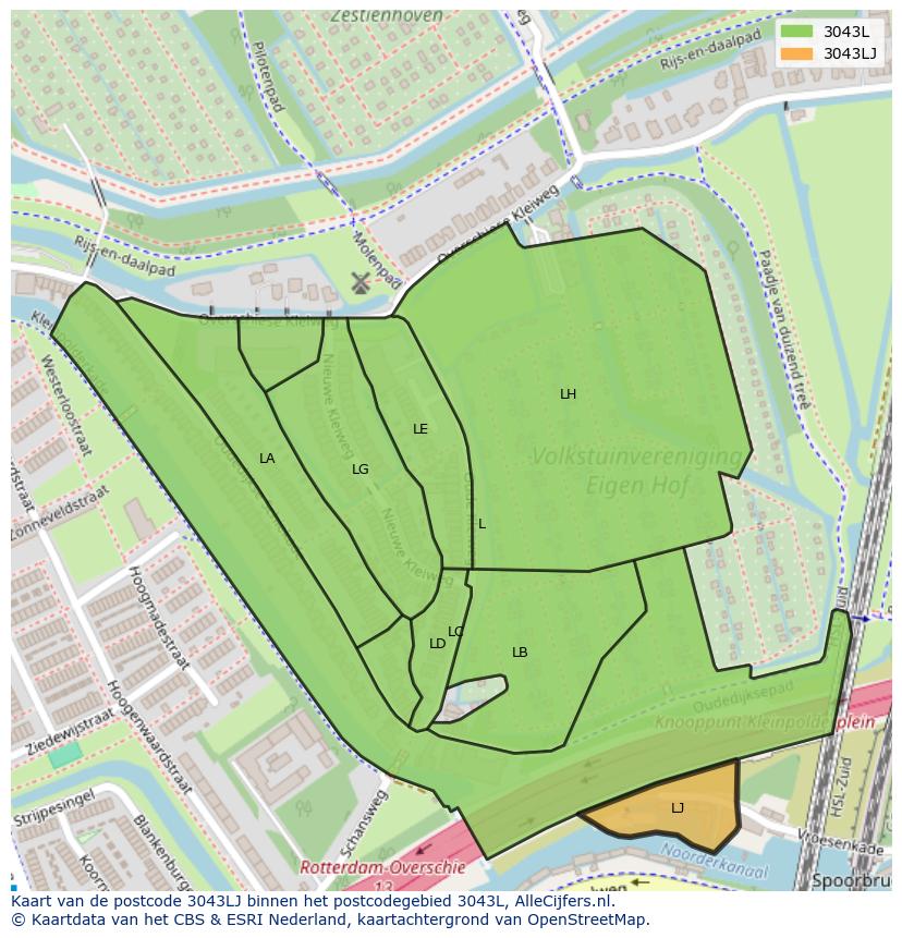 Afbeelding van het postcodegebied 3043 LJ op de kaart.