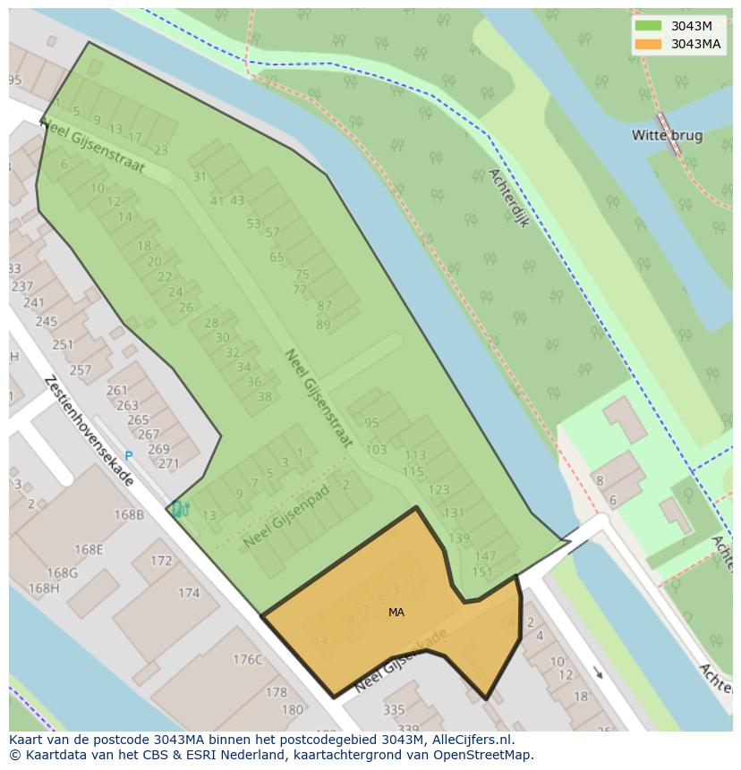 Afbeelding van het postcodegebied 3043 MA op de kaart.
