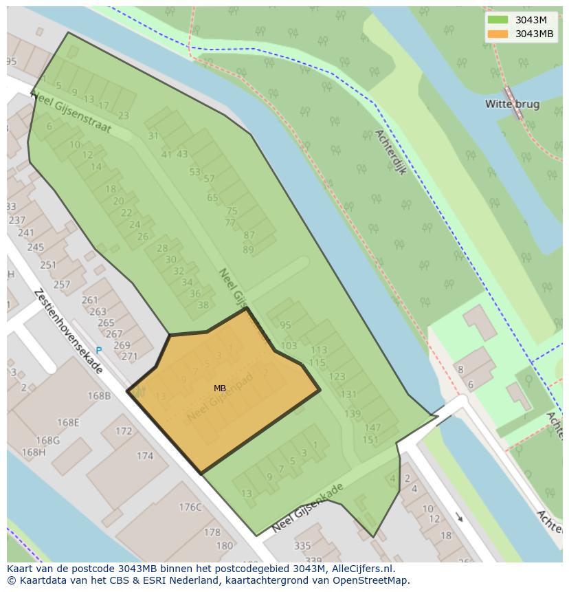 Afbeelding van het postcodegebied 3043 MB op de kaart.