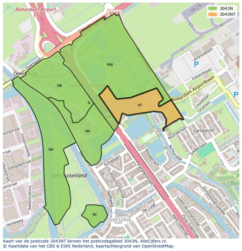 Afbeelding van het postcodegebied 3043 NT op de kaart.