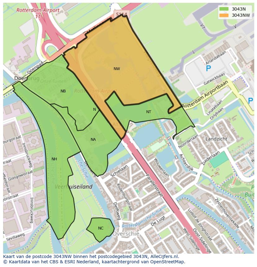Afbeelding van het postcodegebied 3043 NW op de kaart.