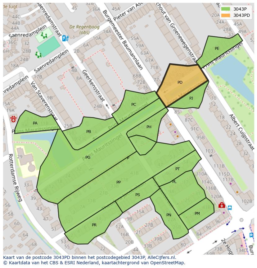 Afbeelding van het postcodegebied 3043 PD op de kaart.