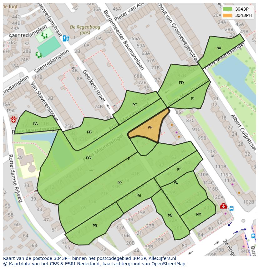 Afbeelding van het postcodegebied 3043 PH op de kaart.