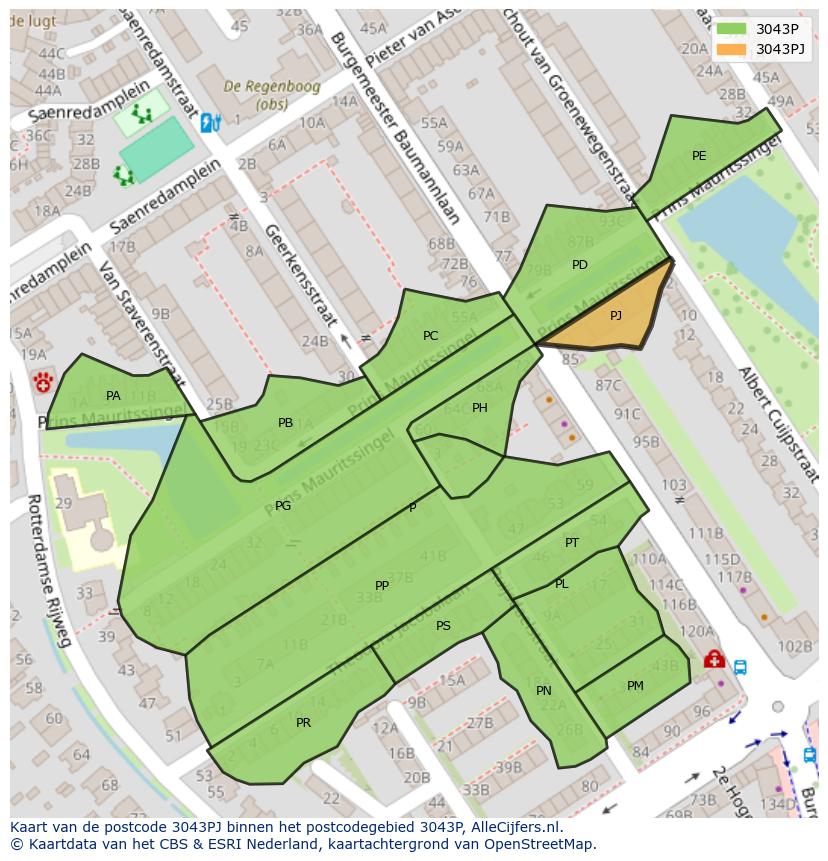 Afbeelding van het postcodegebied 3043 PJ op de kaart.
