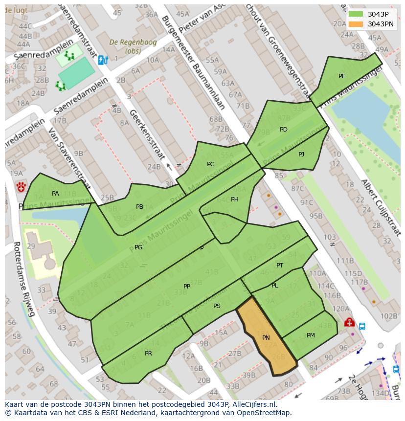 Afbeelding van het postcodegebied 3043 PN op de kaart.
