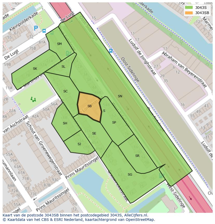 Afbeelding van het postcodegebied 3043 SB op de kaart.