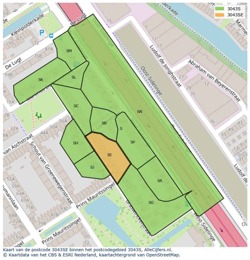 Afbeelding van het postcodegebied 3043 SE op de kaart.