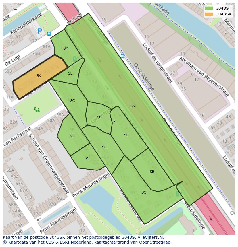 Afbeelding van het postcodegebied 3043 SK op de kaart.