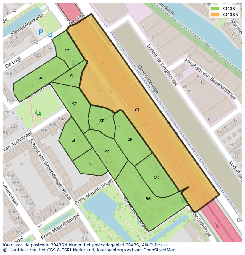 Afbeelding van het postcodegebied 3043 SN op de kaart.