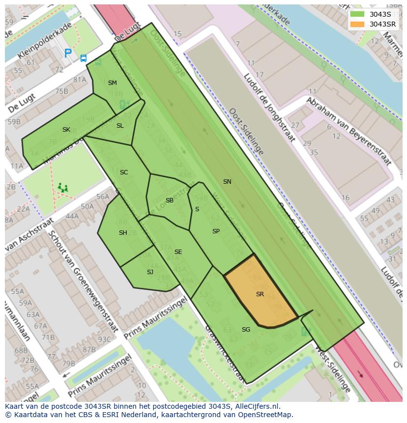 Afbeelding van het postcodegebied 3043 SR op de kaart.