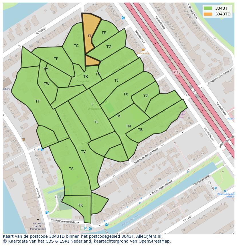 Afbeelding van het postcodegebied 3043 TD op de kaart.