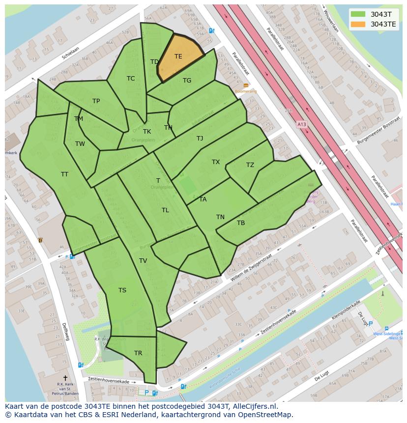 Afbeelding van het postcodegebied 3043 TE op de kaart.