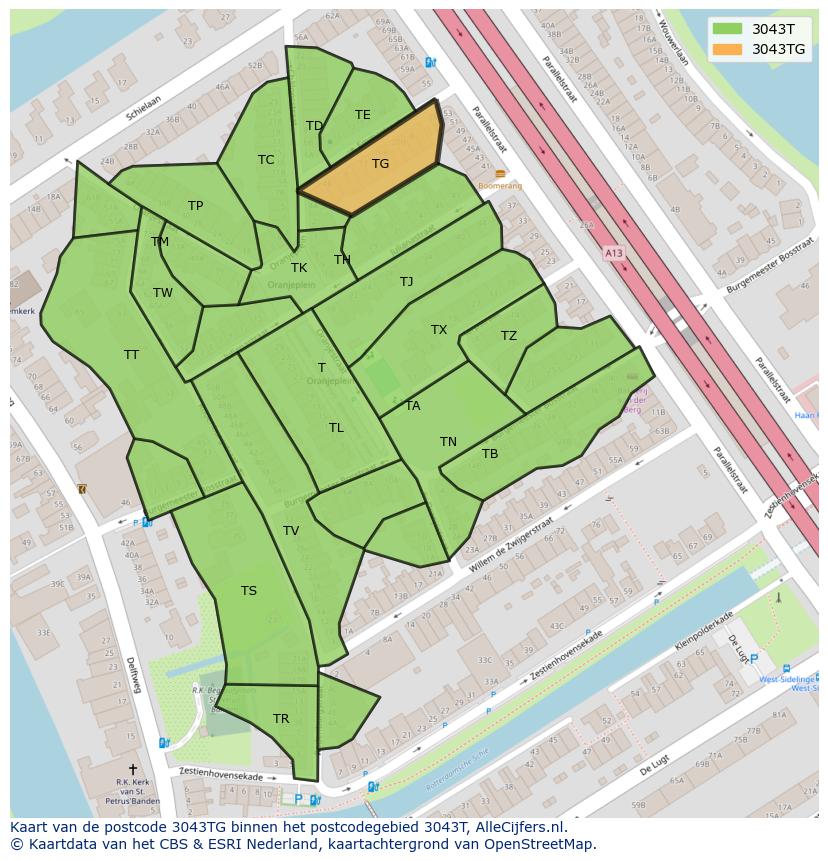 Afbeelding van het postcodegebied 3043 TG op de kaart.