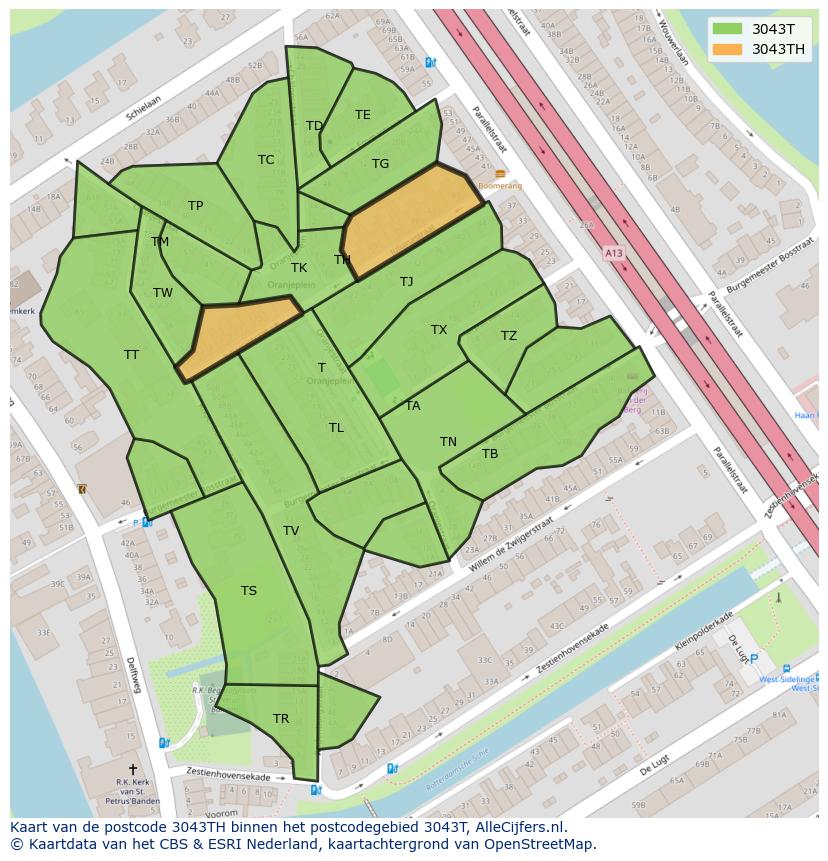 Afbeelding van het postcodegebied 3043 TH op de kaart.