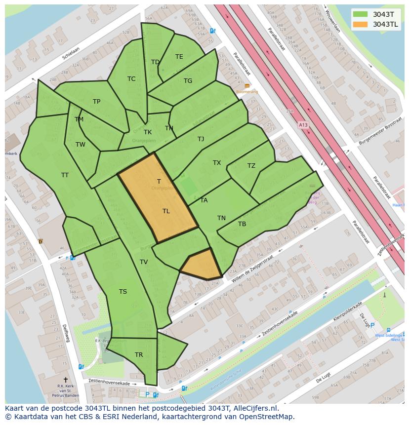 Afbeelding van het postcodegebied 3043 TL op de kaart.