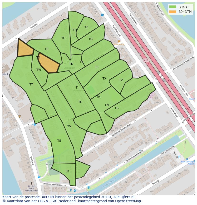 Afbeelding van het postcodegebied 3043 TM op de kaart.