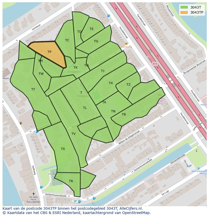 Afbeelding van het postcodegebied 3043 TP op de kaart.