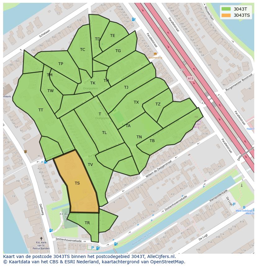 Afbeelding van het postcodegebied 3043 TS op de kaart.