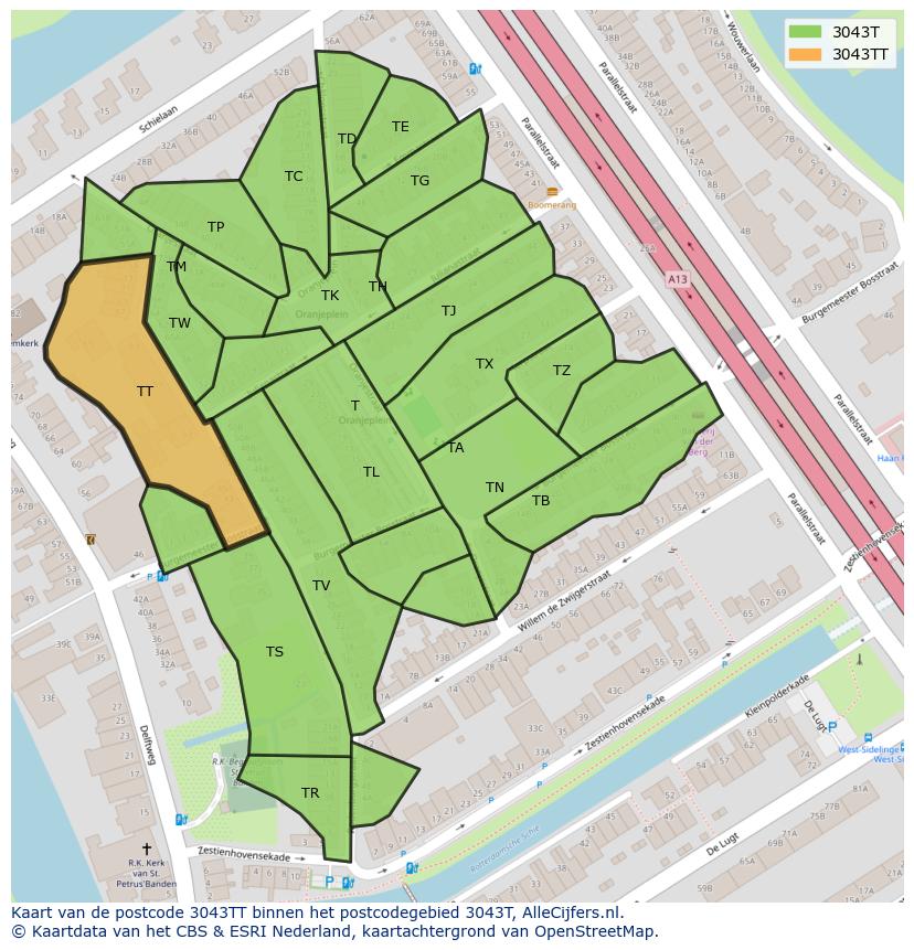 Afbeelding van het postcodegebied 3043 TT op de kaart.
