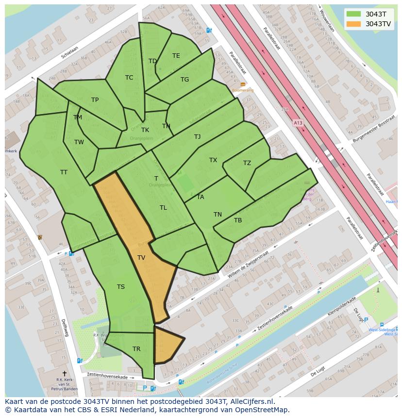 Afbeelding van het postcodegebied 3043 TV op de kaart.