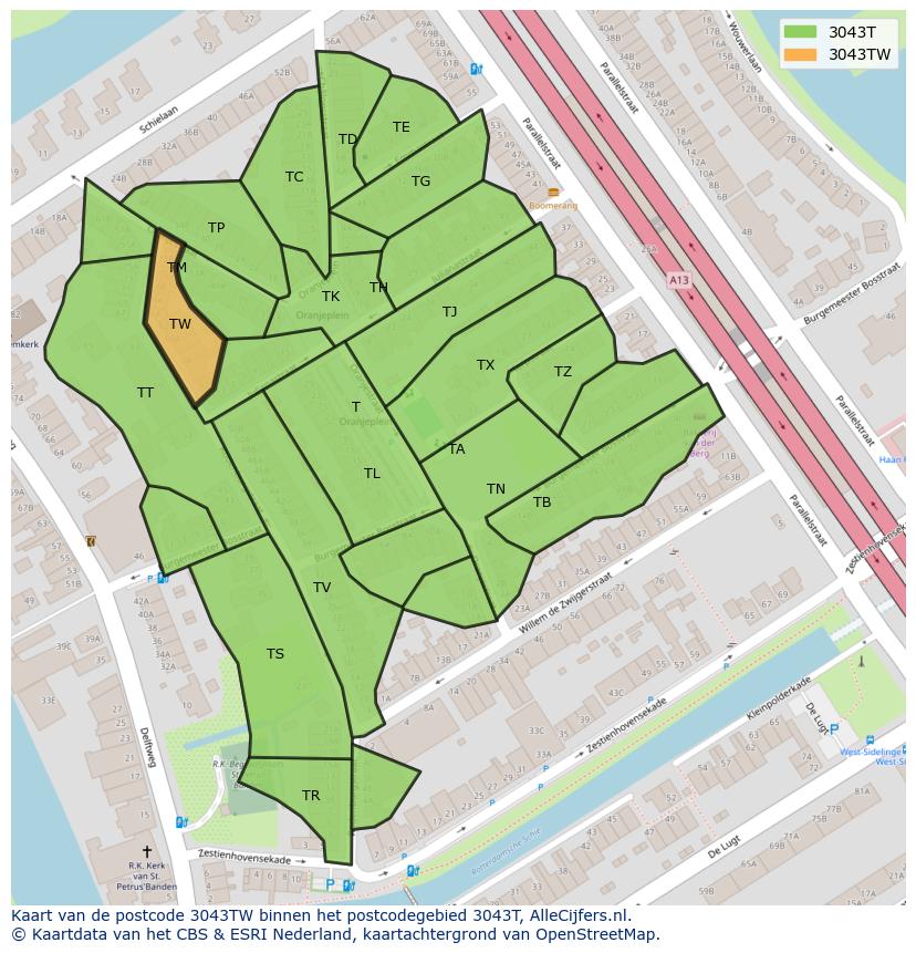 Afbeelding van het postcodegebied 3043 TW op de kaart.