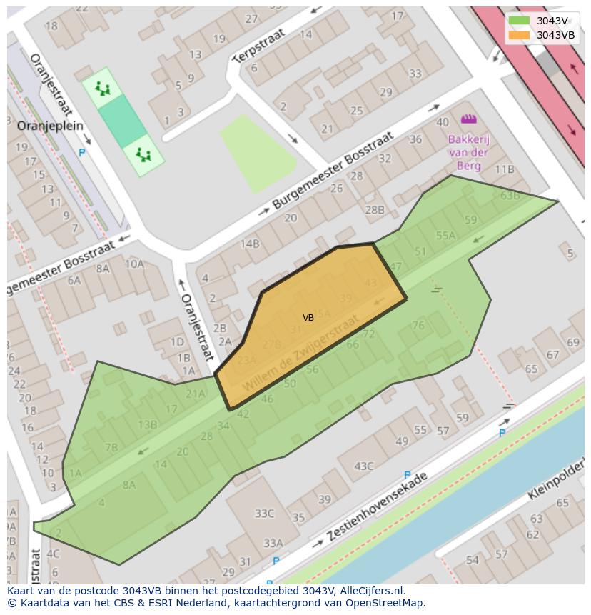 Afbeelding van het postcodegebied 3043 VB op de kaart.