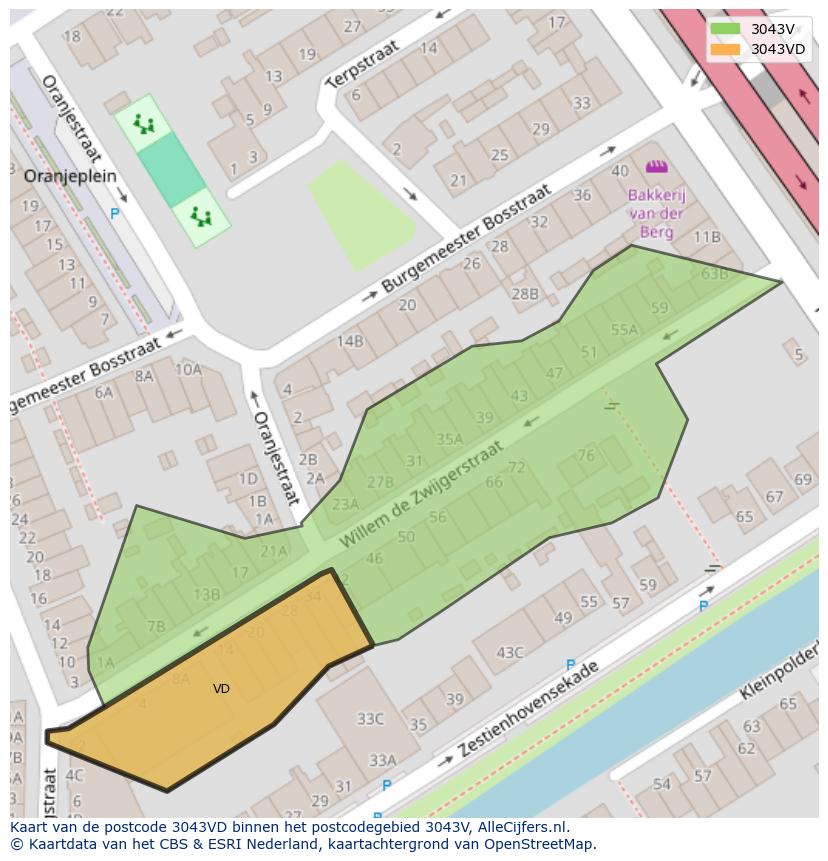 Afbeelding van het postcodegebied 3043 VD op de kaart.