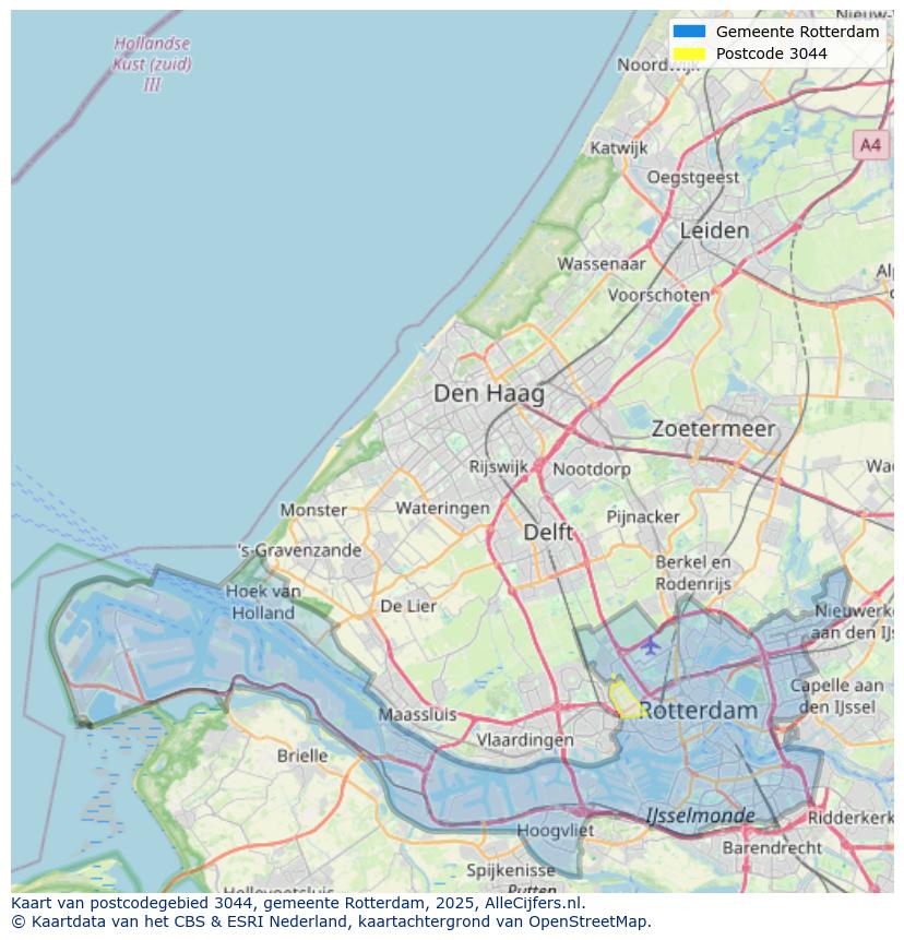 Afbeelding van het postcodegebied 3044 op de kaart.