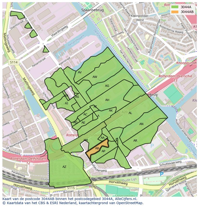 Afbeelding van het postcodegebied 3044 AB op de kaart.