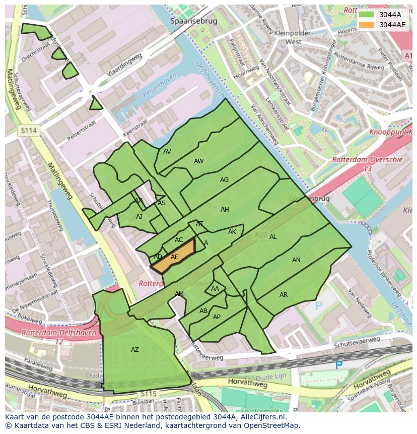 Afbeelding van het postcodegebied 3044 AE op de kaart.
