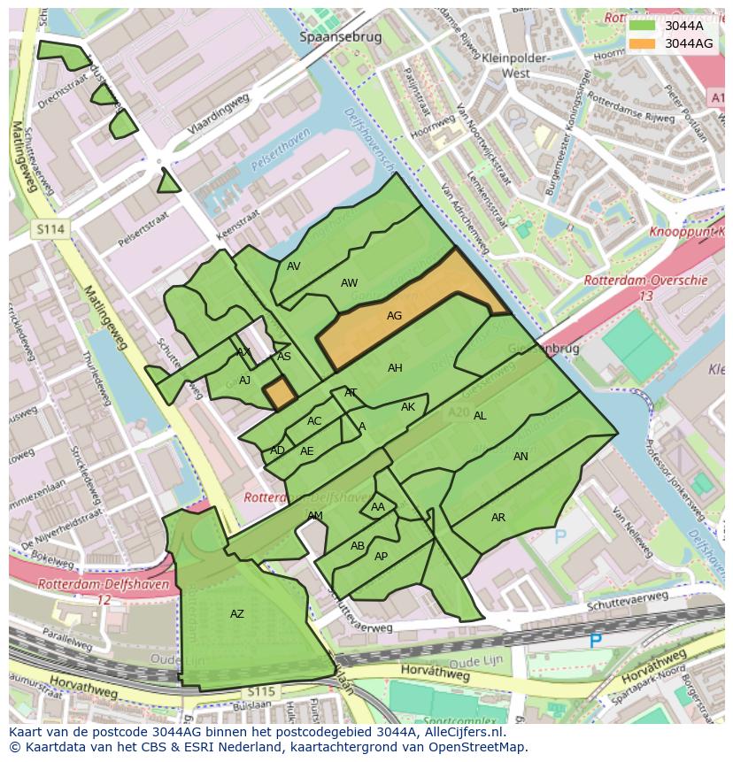 Afbeelding van het postcodegebied 3044 AG op de kaart.