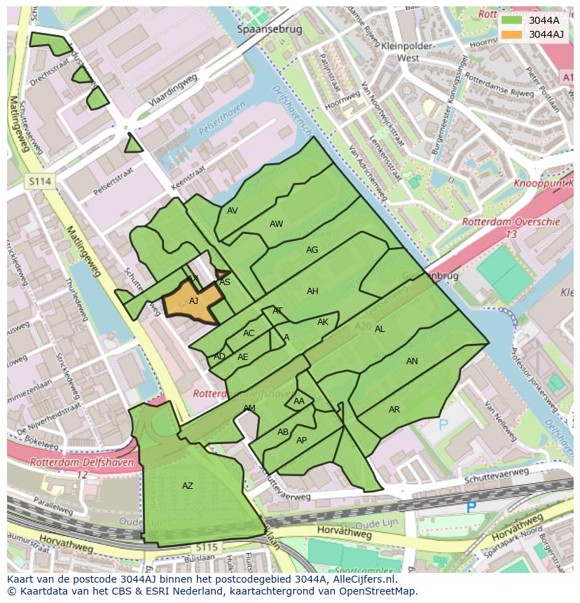 Afbeelding van het postcodegebied 3044 AJ op de kaart.
