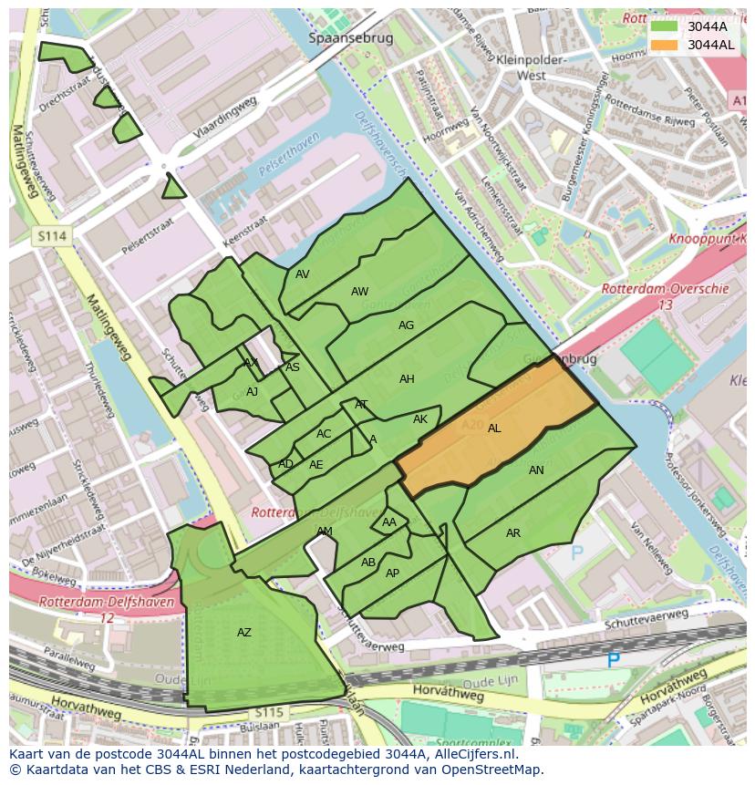 Afbeelding van het postcodegebied 3044 AL op de kaart.