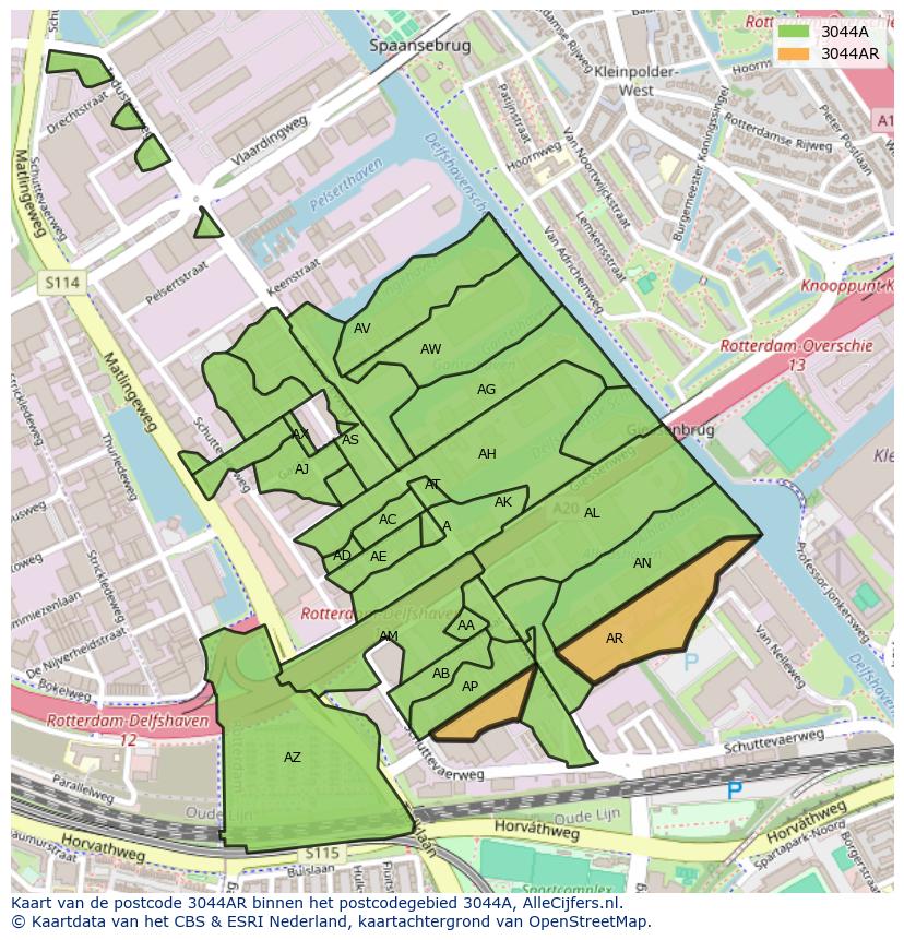 Afbeelding van het postcodegebied 3044 AR op de kaart.