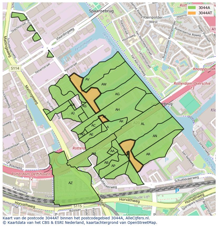 Afbeelding van het postcodegebied 3044 AT op de kaart.