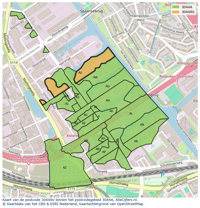 Afbeelding van het postcodegebied 3044 AV op de kaart.