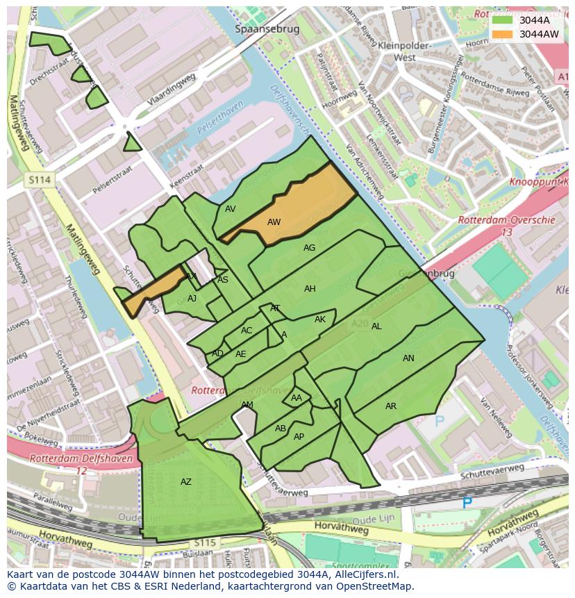 Afbeelding van het postcodegebied 3044 AW op de kaart.