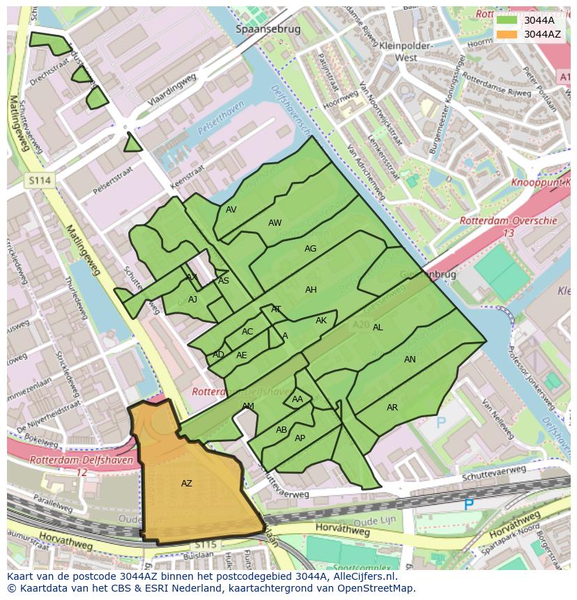 Afbeelding van het postcodegebied 3044 AZ op de kaart.