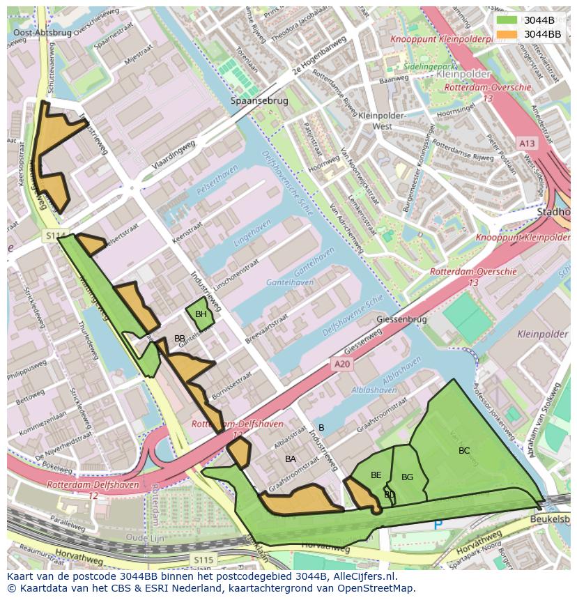 Afbeelding van het postcodegebied 3044 BB op de kaart.