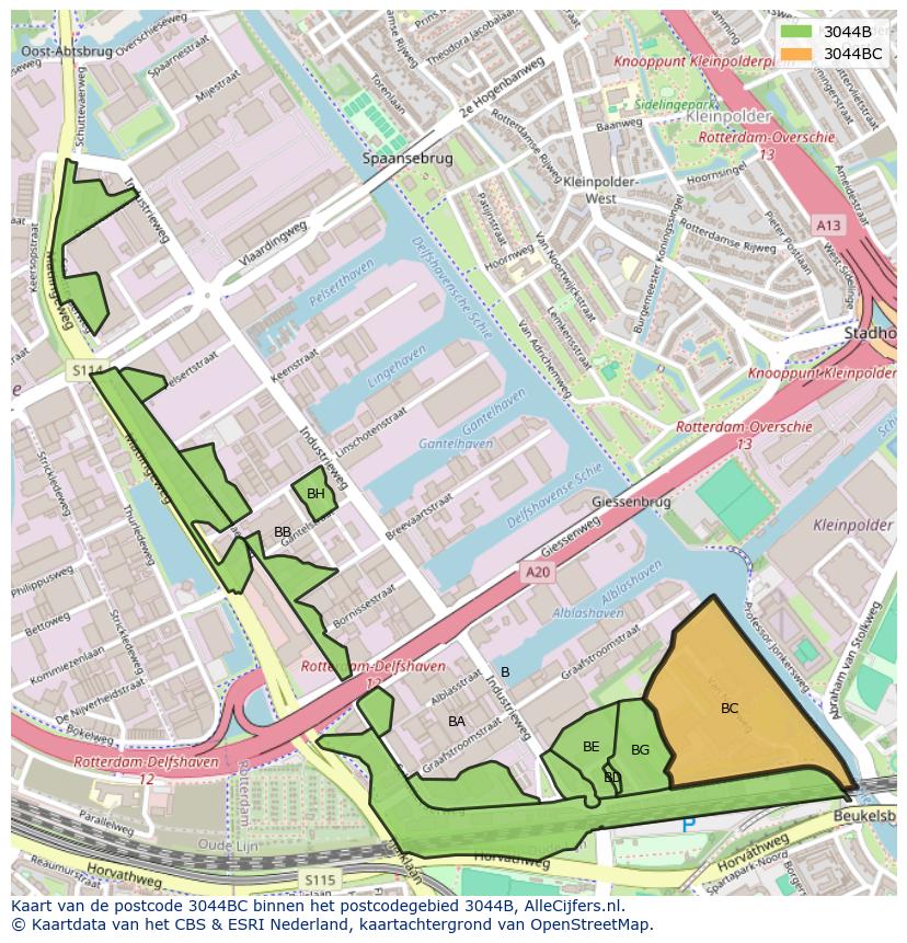 Afbeelding van het postcodegebied 3044 BC op de kaart.