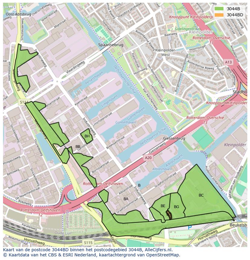 Afbeelding van het postcodegebied 3044 BD op de kaart.