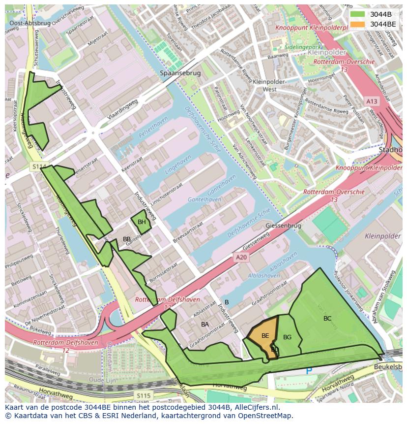 Afbeelding van het postcodegebied 3044 BE op de kaart.