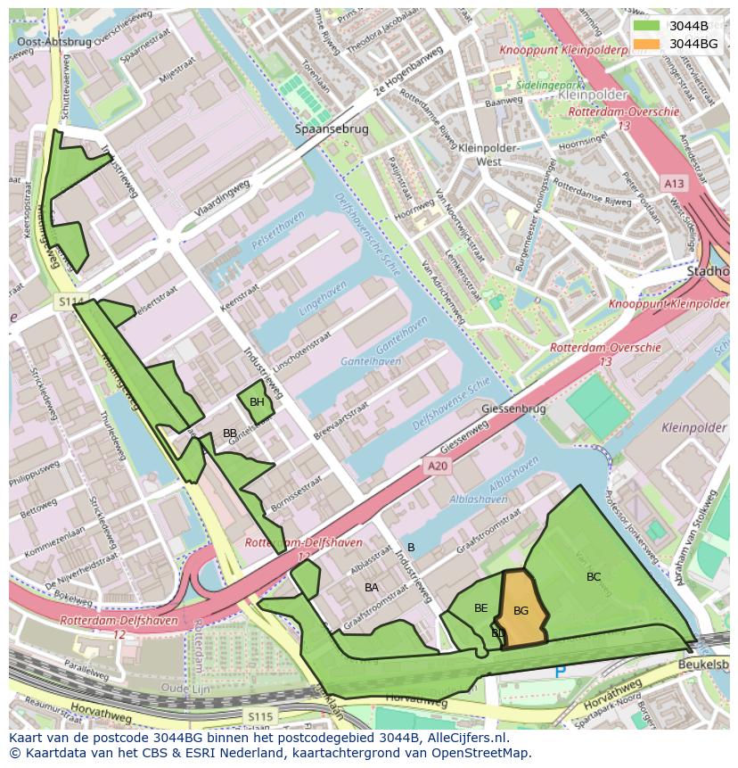 Afbeelding van het postcodegebied 3044 BG op de kaart.
