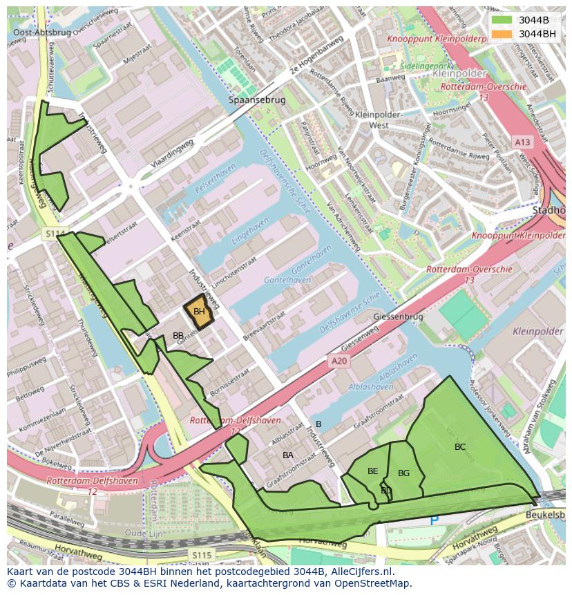 Afbeelding van het postcodegebied 3044 BH op de kaart.