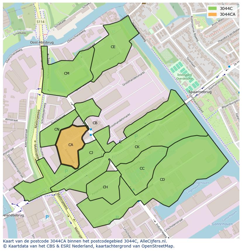 Afbeelding van het postcodegebied 3044 CA op de kaart.