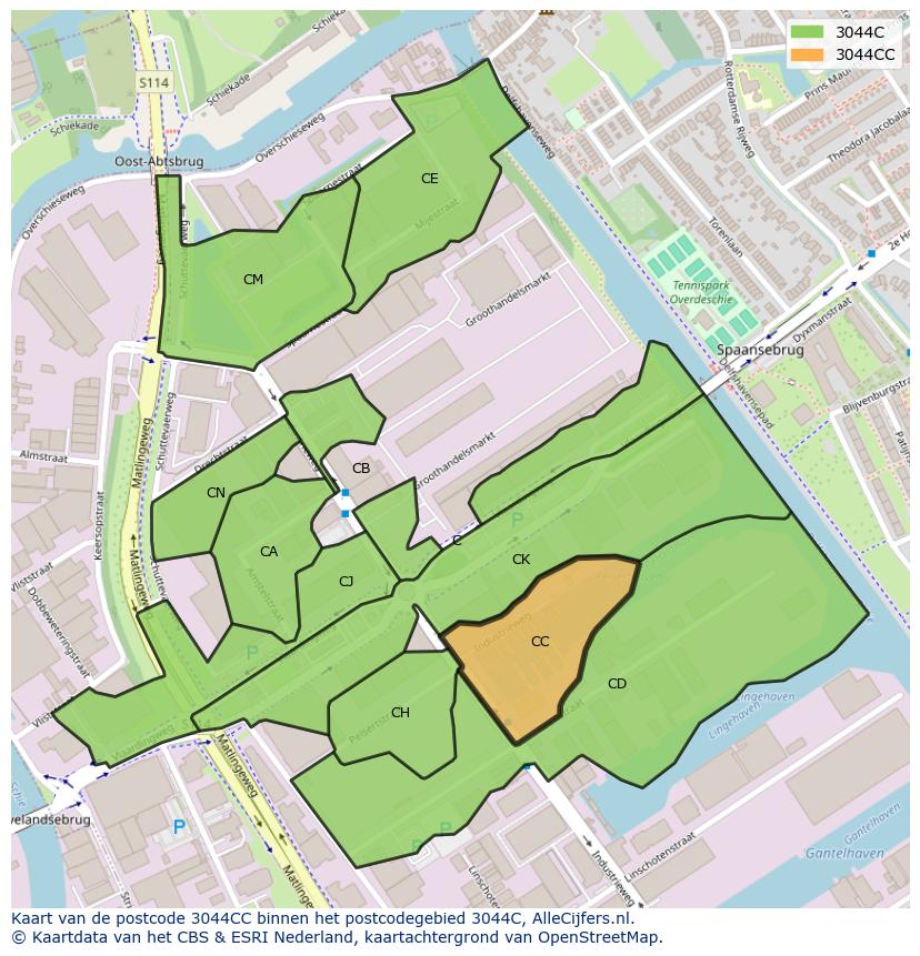 Afbeelding van het postcodegebied 3044 CC op de kaart.