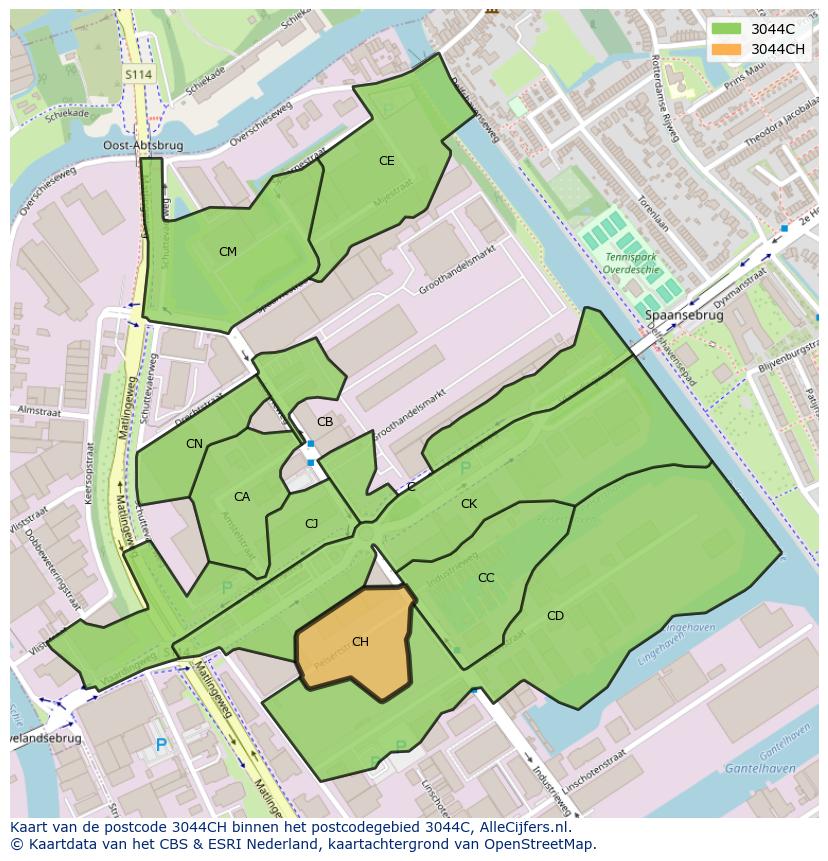 Afbeelding van het postcodegebied 3044 CH op de kaart.