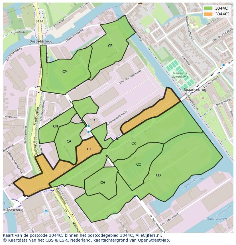 Afbeelding van het postcodegebied 3044 CJ op de kaart.